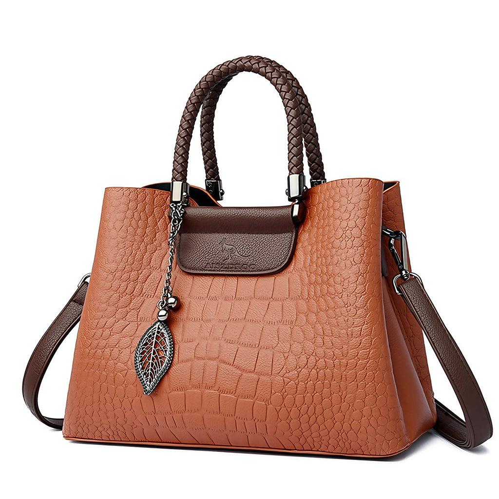 Sac à main femme effet croco bicolore, anses tressées, marron