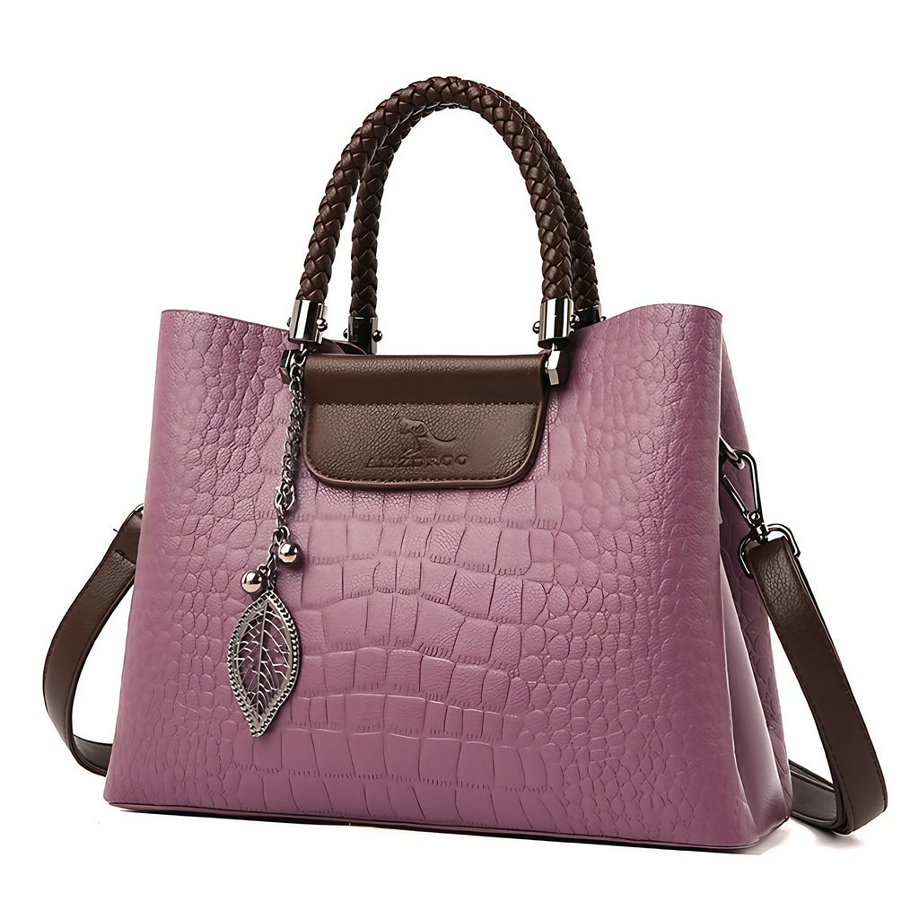 Sac à main femme effet croco bicolore, anses tressées, violet