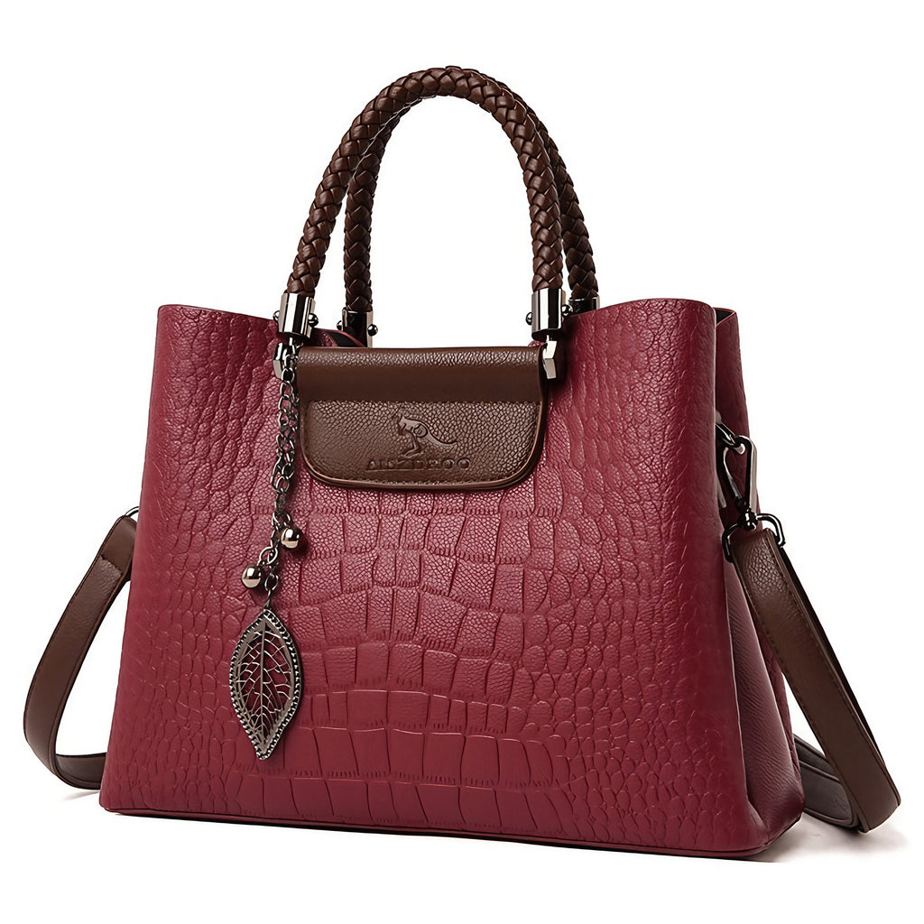 Sac à main femme effet croco bicolore, anses tressées, rouge