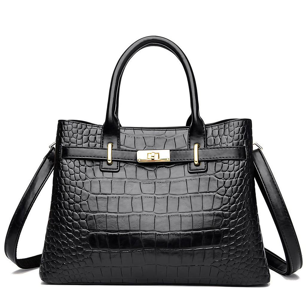 Sac à main femme effet croco en similicuir, bandoulière amovible, noir