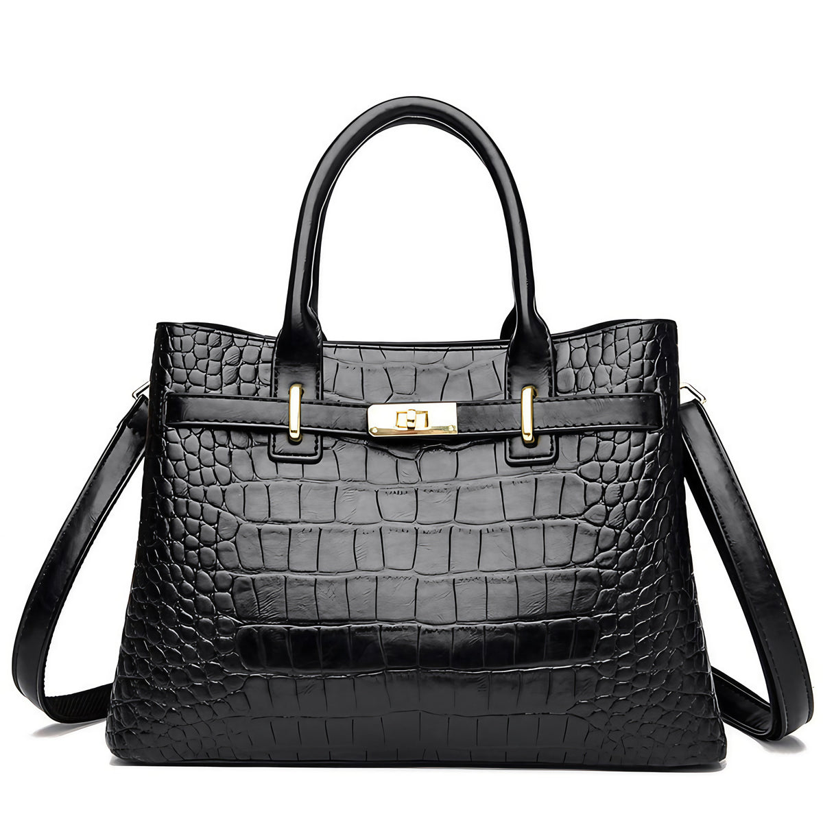 Sac à main femme effet croco en similicuir, bandoulière amovible, noir