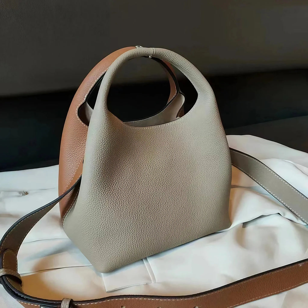 Sac à main femme bicolore ou uni, pochette intérieure amovible, taupe et marron