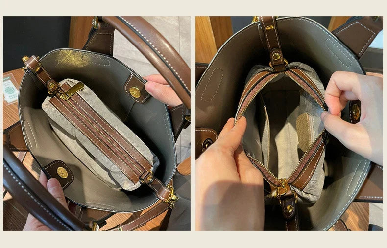 Sac seau femme en cuir grainé, anses courtes et bandoulière