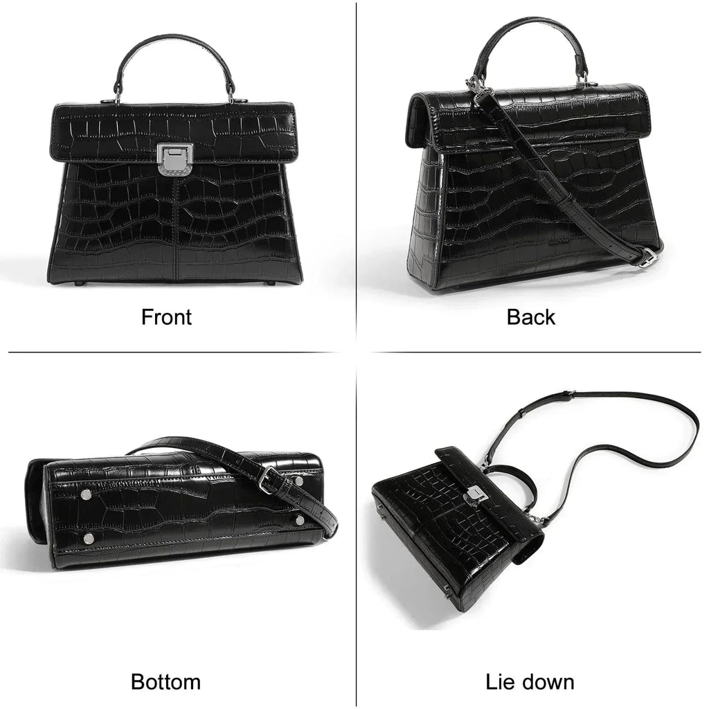 Sac à main femme en cuir noir, intérieur à compartiments