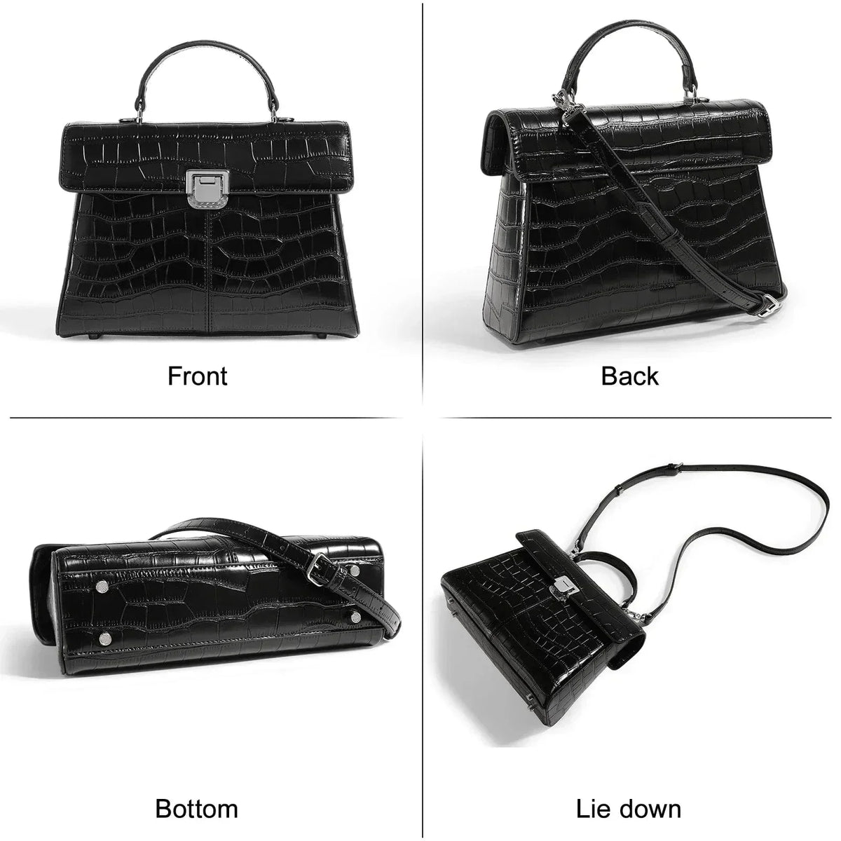 Sac à main femme en cuir noir, intérieur à compartiments