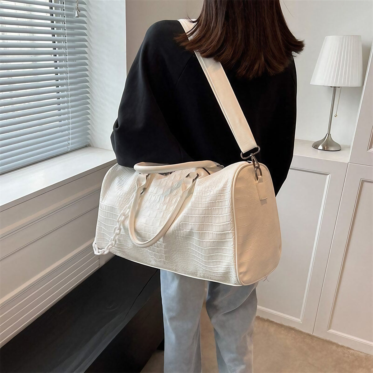 Sac de voyage femme effet crocodile en similicuir, cinq coloris, blanc