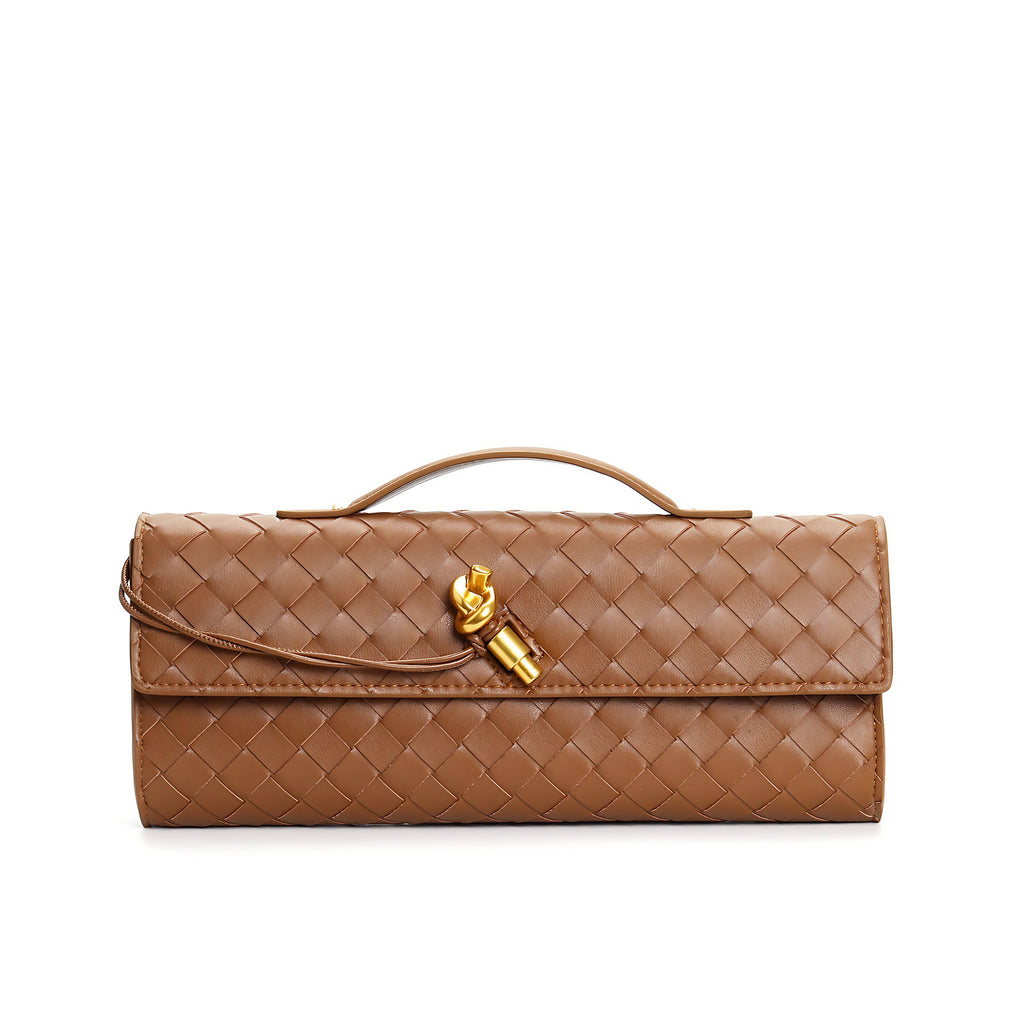 Petit sac en cuir tressé femme, bandoulière réglable, café