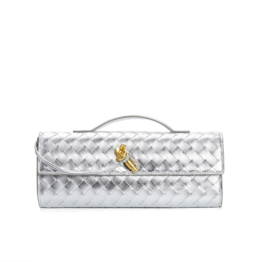 Petit sac en cuir tressé femme, bandoulière réglable, argenté