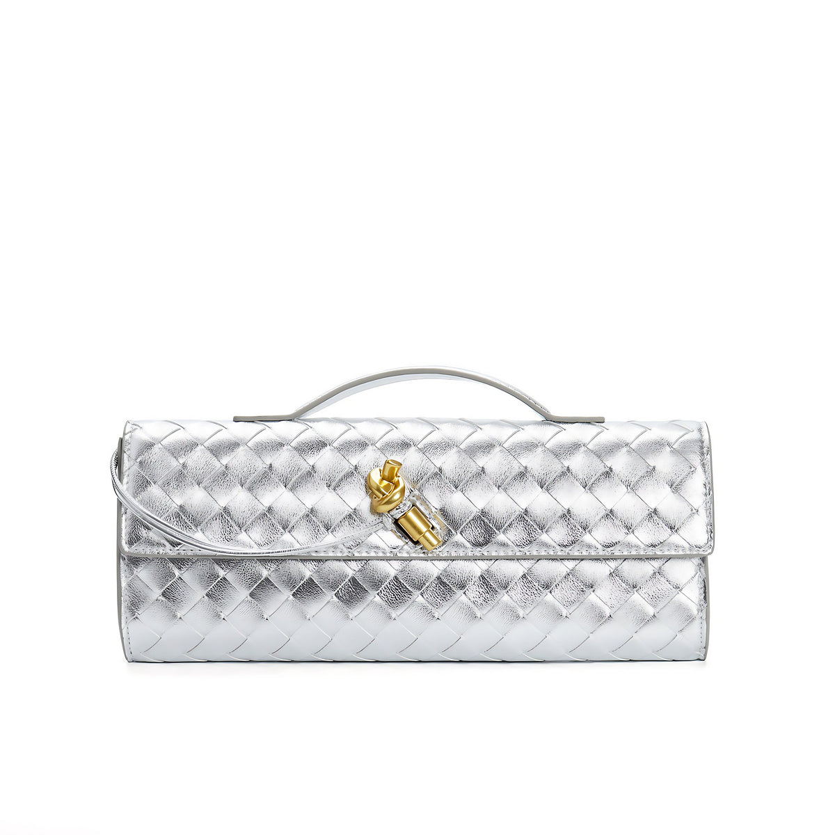 Petit sac en cuir tressé femme, bandoulière réglable, argenté