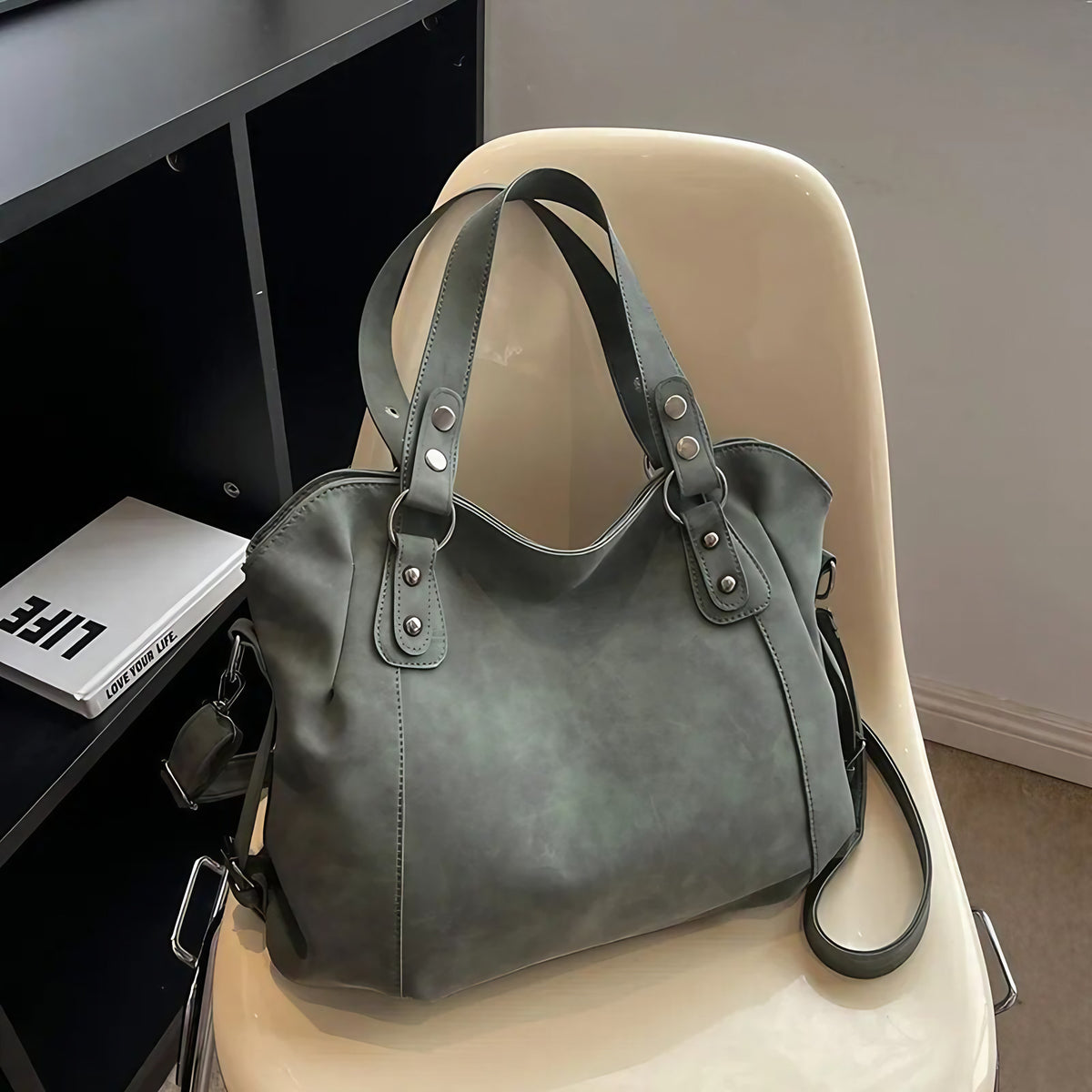 Sac à main femme aspect daim, bandoulière amovible, 34 x 28 cm, bleu vert