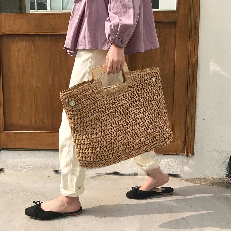 Grand sac à main femme d'été à anses carrées, 42 x 35 cm