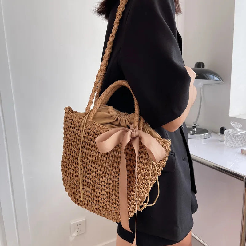 Sac seau femme en paille tressée, cordon de serrage, nœud satin