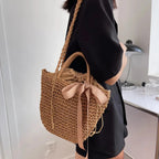 Sac seau femme en paille tressée, cordon de serrage, nœud satin