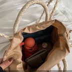 Sac seau femme en paille tressée, cordon de serrage, nœud satin