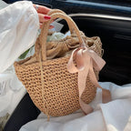 Sac seau femme en paille tressée, cordon de serrage, nœud satin, marron