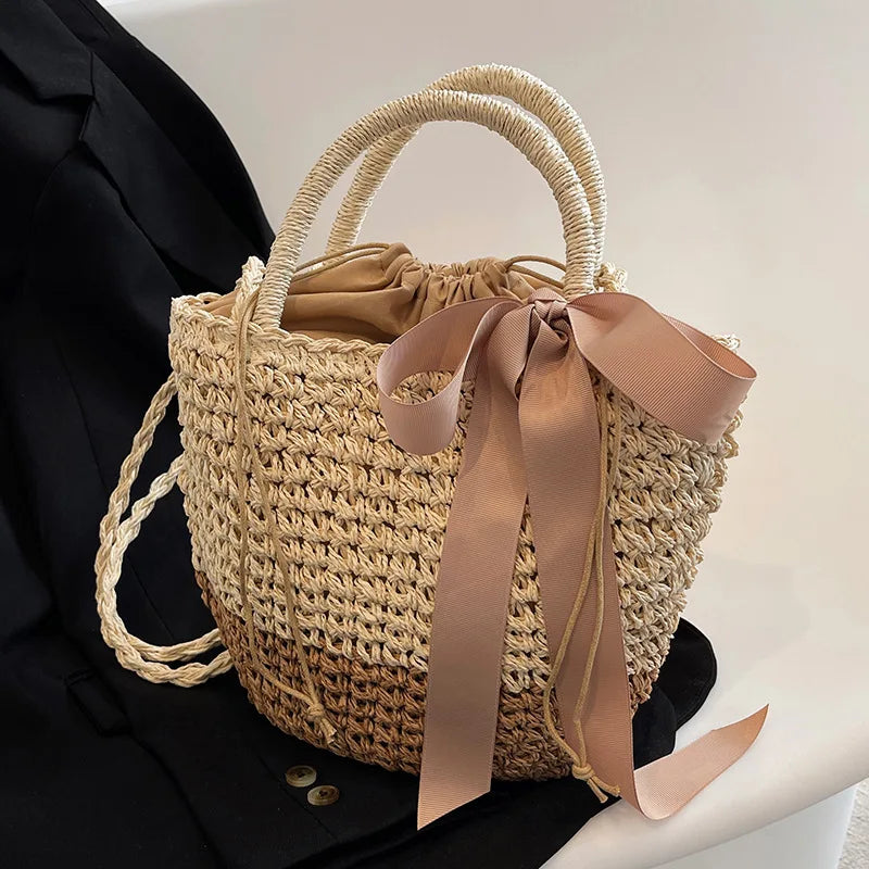 Sac seau femme en paille tressée, cordon de serrage, nœud satin