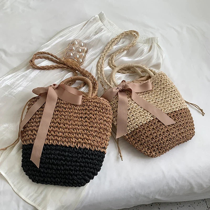 Sac seau femme en paille tressée, cordon de serrage, nœud satin