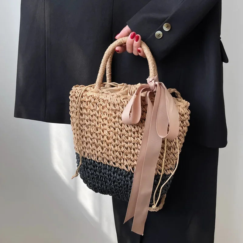 Sac seau femme en paille tressée, cordon de serrage, nœud satin, noir et beige