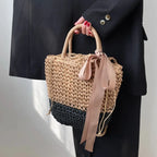 Sac seau femme en paille tressée, cordon de serrage, nœud satin, noir et beige
