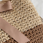 Sac seau femme en paille tressée, cordon de serrage, nœud satin