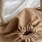 Sac seau femme en paille tressée, cordon de serrage, nœud satin