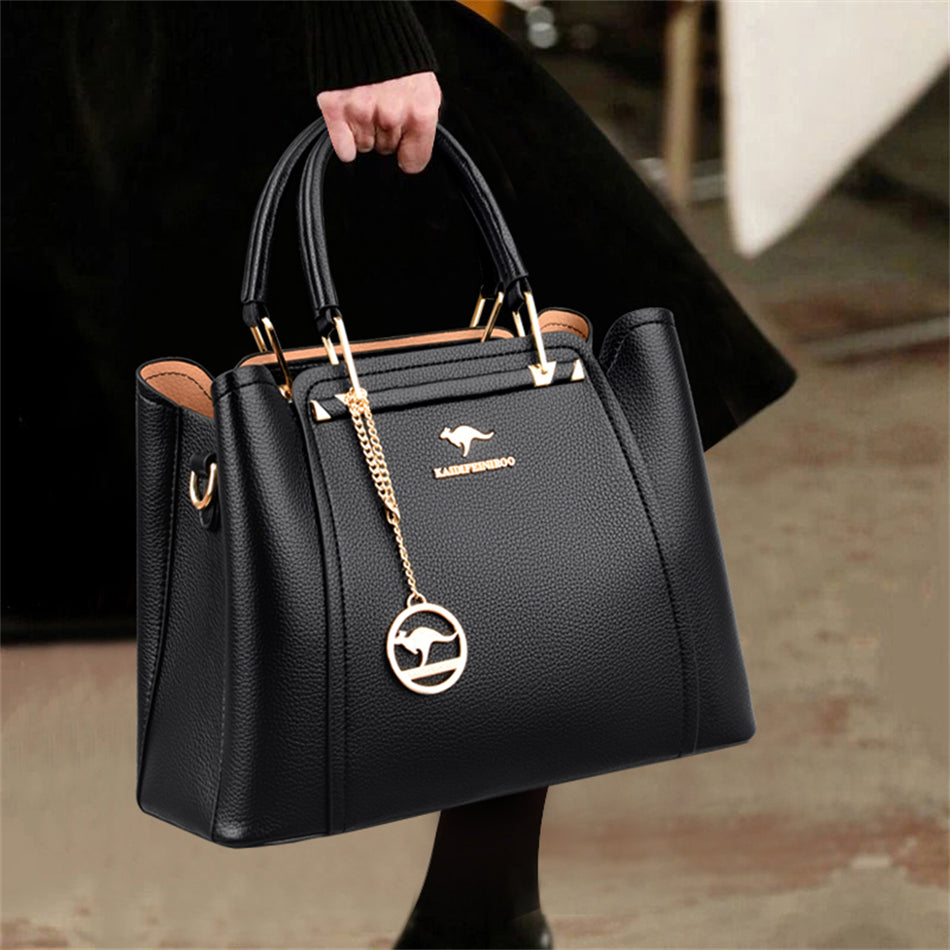 Grand sac à main femme noir grainé, anse et bandoulière