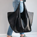Grand sac à main femme en similicuir, coins rabattables, noir