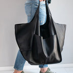 Grand sac à main femme en similicuir, coins rabattables, noir