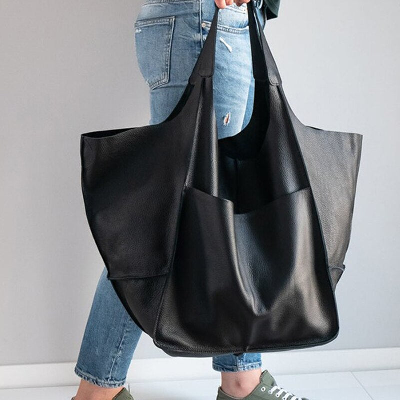 Grand sac à main femme en similicuir, coins rabattables, noir