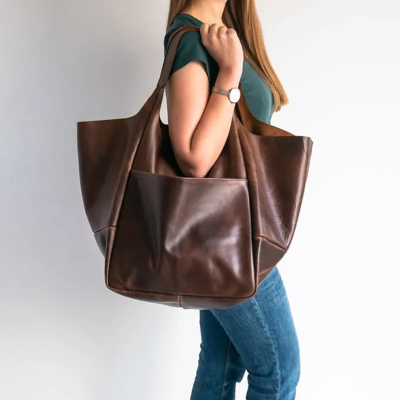 Grand sac à main femme en similicuir, coins rabattables, marron foncé