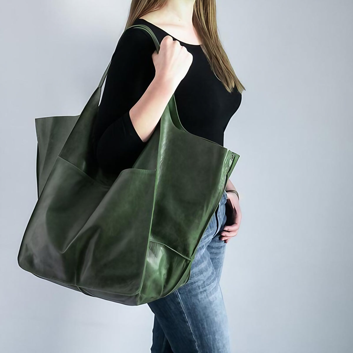 Grand sac à main femme en similicuir, coins rabattables, vert