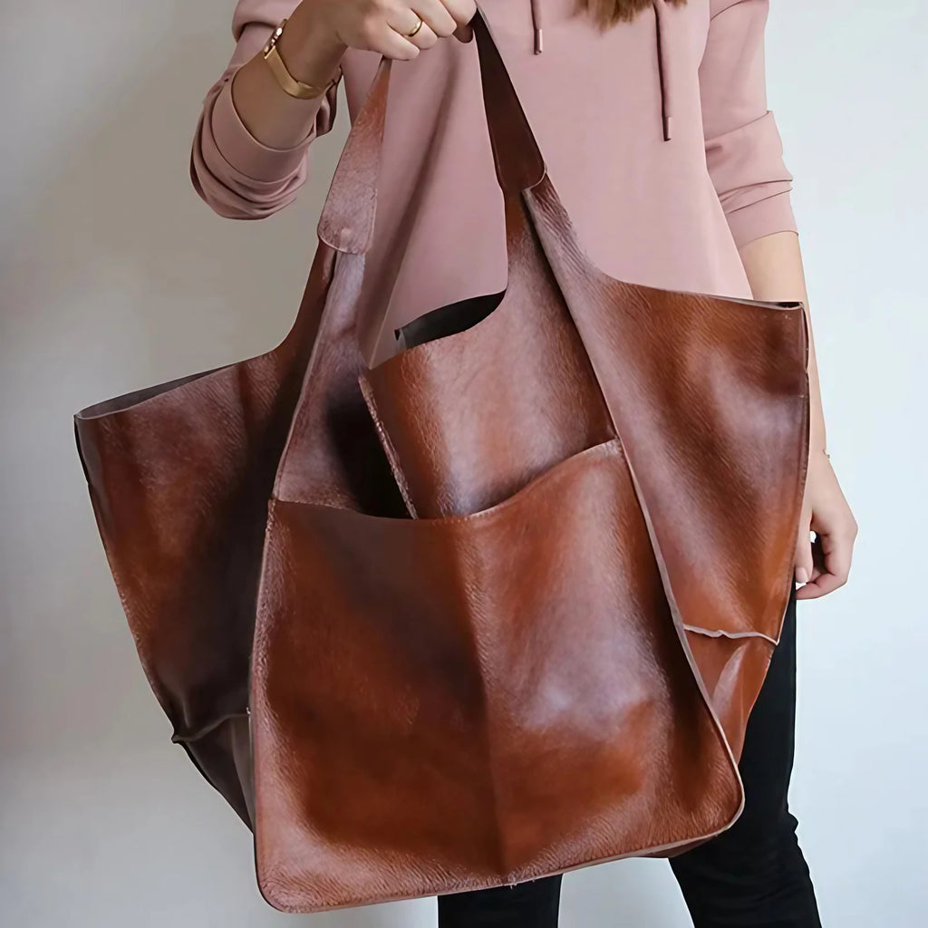 Grand sac à main femme en similicuir, coins rabattables, marron