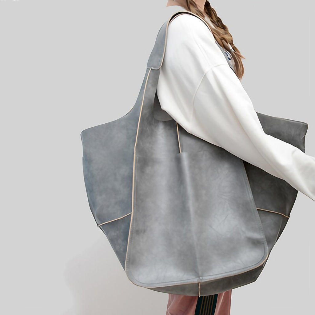 Grand sac à main femme en similicuir, coins rabattables, gris