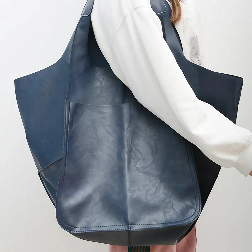 Grand sac à main femme en similicuir, coins rabattables, bleu