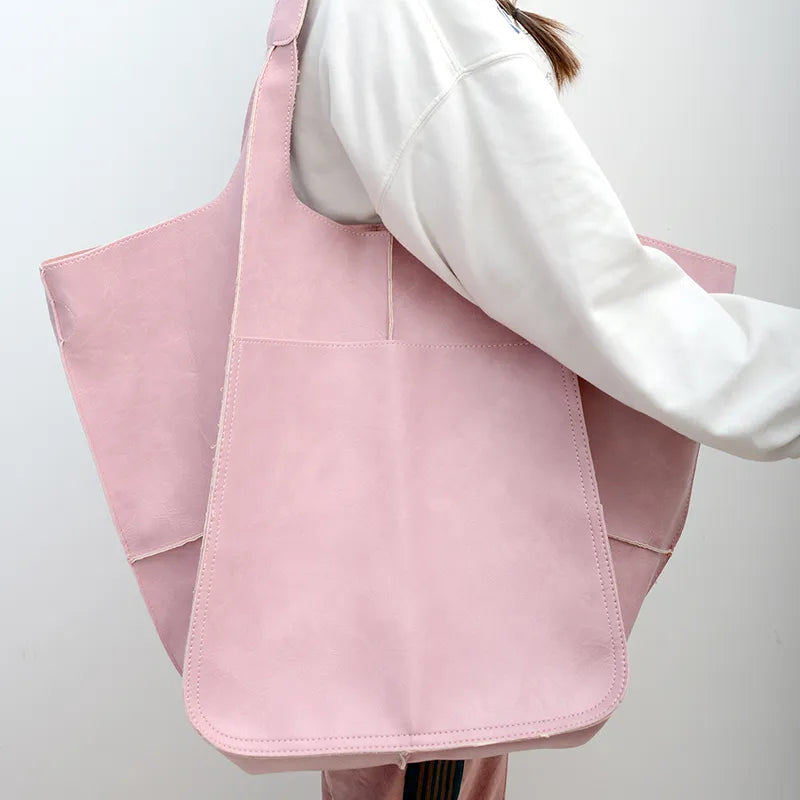 Grand sac à main femme en similicuir, coins rabattables, rose