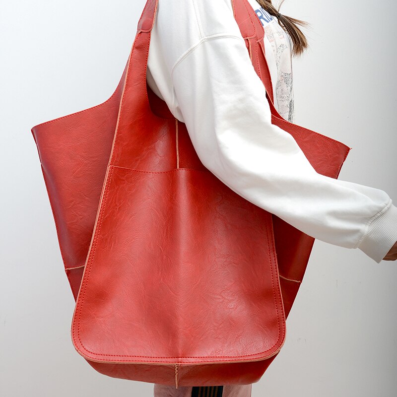 Grand sac à main femme en similicuir, coins rabattables, rouge