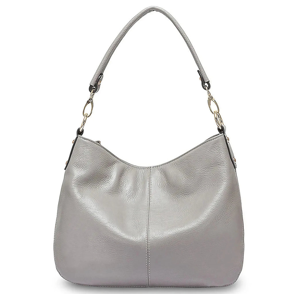 Sac à main en cuir souple femme, bandoulière amovible, gris