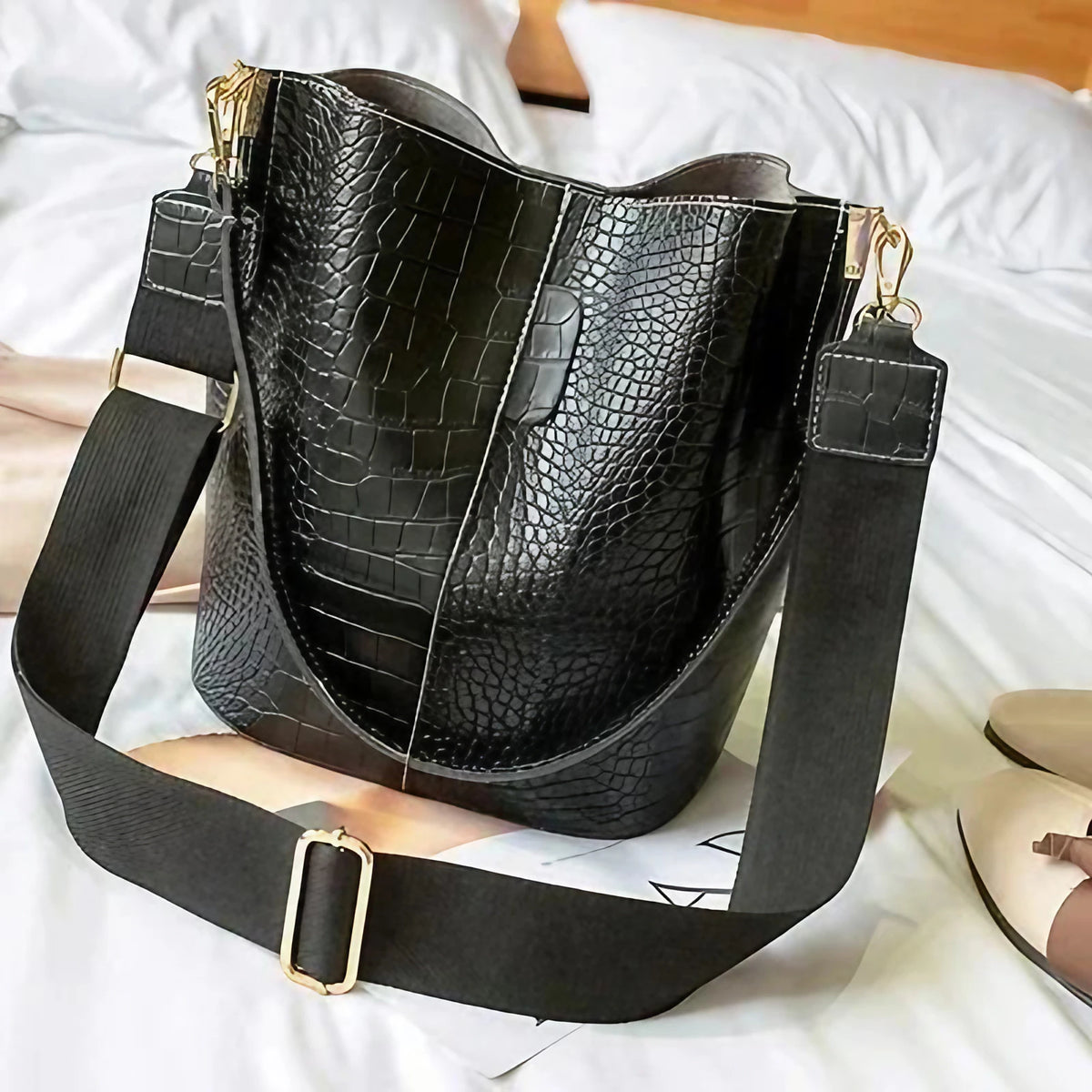 Sac seau femme en similicuir, deux sangles interchangeables, noir