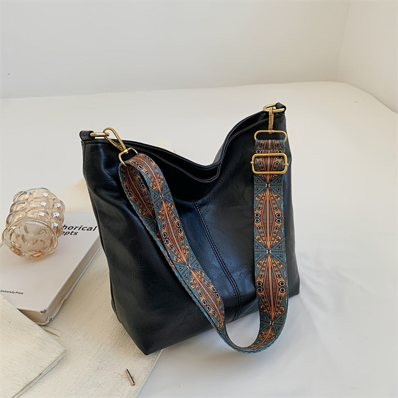 Sac seau allongé femme en similicuir, bandoulière en tissu à motifs