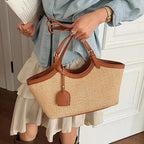 Sac cabas femme en paille tressée et similicuir, zippé