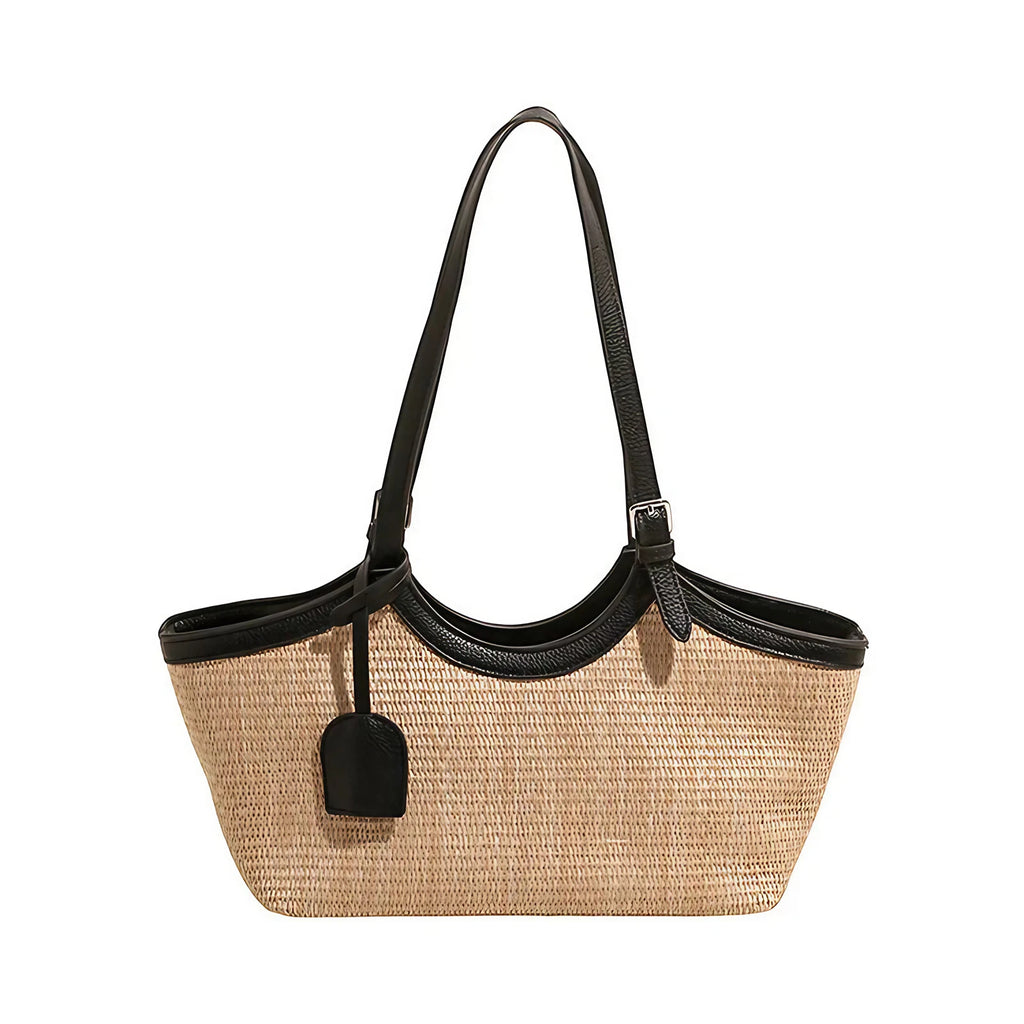 Sac cabas femme en paille tressée et similicuir, zippé, noir