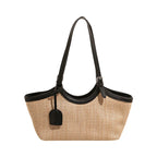Sac cabas femme en paille tressée et similicuir, zippé, noir
