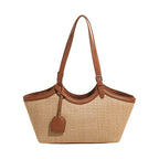 Sac cabas femme en paille tressée et similicuir, zippé, marron
