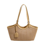 Sac cabas femme en paille tressée et similicuir, zippé, jaune