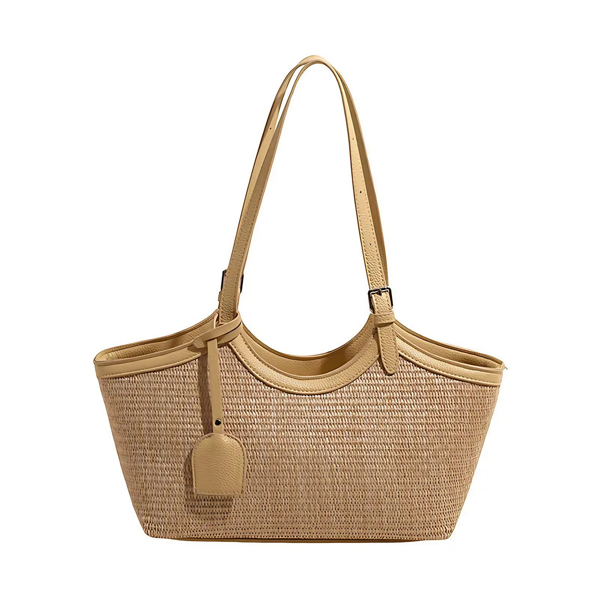 Sac cabas femme en paille tressée et similicuir, zippé, jaune