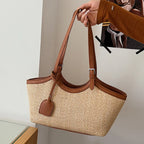 Sac cabas femme en paille tressée et similicuir, zippé
