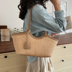 Sac cabas femme en paille tressée et similicuir, zippé