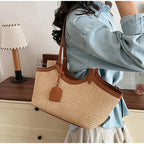 Sac cabas femme en paille tressée et similicuir, zippé