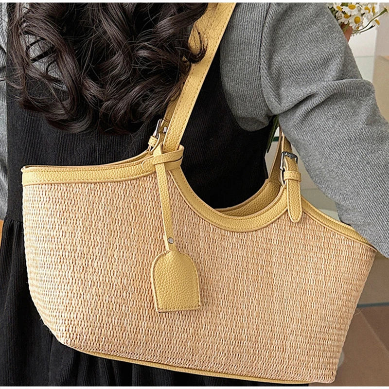 Sac cabas femme en paille tressée et similicuir, zippé