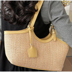 Sac cabas femme en paille tressée et similicuir, zippé